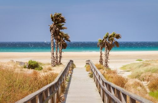 Beach los Lances, Tarifa, Andalusia, Spain, Europe. Tarifa is the southmost City of Europe a a famous tourist destination