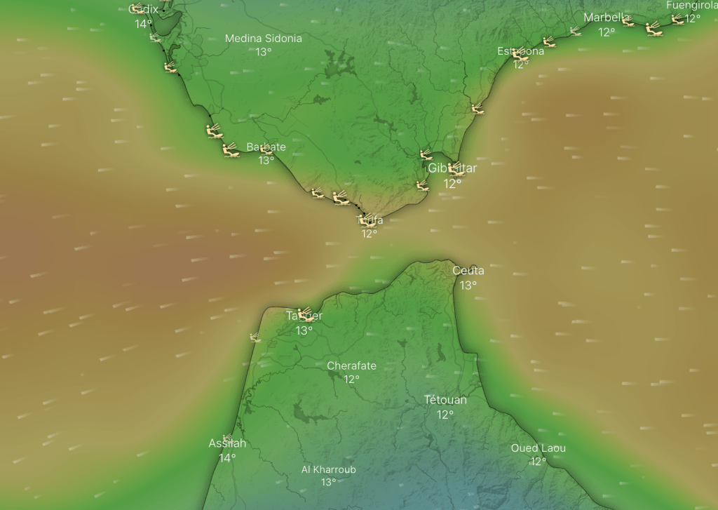 Carte des vents montrant un effet venturi au sud de l'Espagne, pour comprendre comment lire windguru