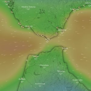 Carte des vents montrant un effet venturi au sud de l'Espagne, pour comprendre comment lire windguru