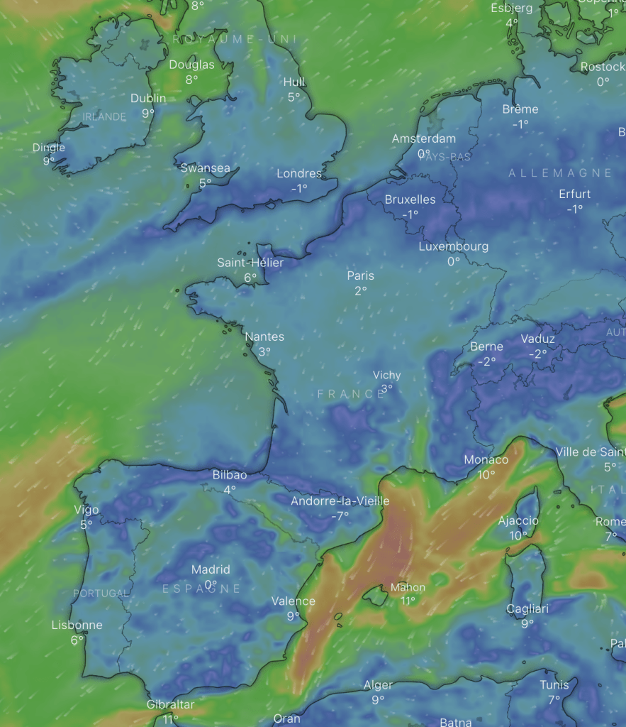 Carte météo colorée des vents en Europe occidentale